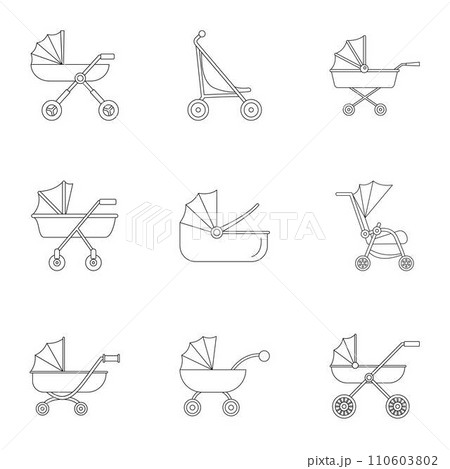 Pram stroller icon set. Outline set of 9 pram stroller vector icons for web design isolated on white background Pram stroller icon set. Outline set of 9 pram stroller vector icons for web design isolated on white background 110603802