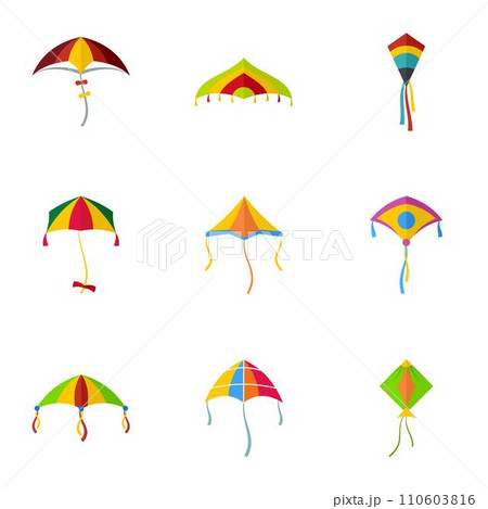 Cute fly kite icon set. Flat set of 9 cute fly kite vector icons for web design 110603816