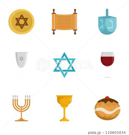 Jewish religion icon set. Flat set of 9 jewish religion vector icons for web design Jewish religion icon set. Flat set of 9 jewish religion vector icons for web design 110603834