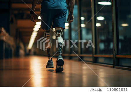 Unrecognizable Amputee Sportsman Walking with Bionic Prosthetic Legs 110603851