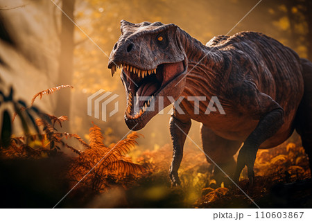 Tyrannosaurus rex roaring in a prehistoric forest with ferns and sunlight Tyrannosaurus rex roaring in a prehistoric forest with ferns and sunlight 110603867