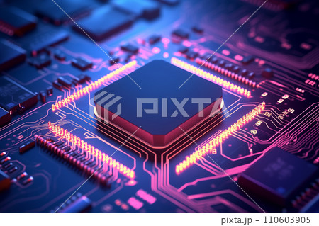 Close-up of a computer processor chip on a motherboard Close-up of a computer processor chip on a motherboard 110603905