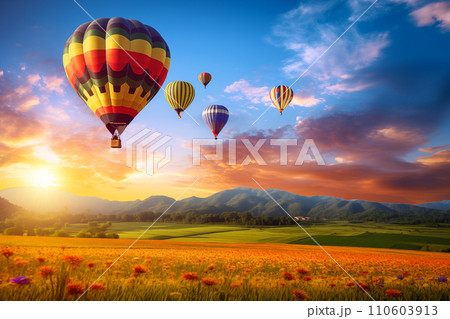 Colorful hot air balloons over blooming field meadow at sunset Colorful hot air balloons over blooming field meadow at sunset 110603913