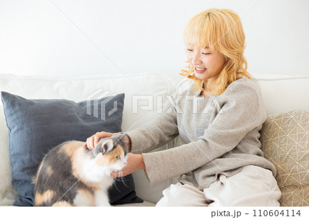 猫を撫でる日本人女性 猫を撫でる日本人女性 110604114