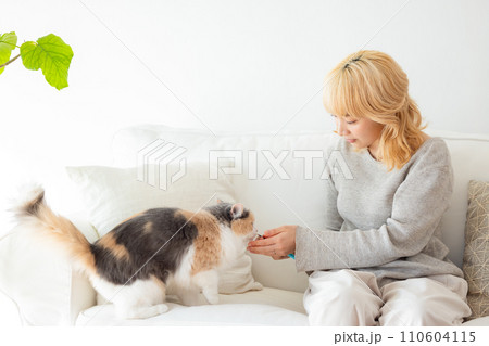 猫におやつをあげる日本人女性 110604115