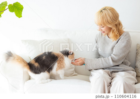 猫におやつをあげる日本人女性 110604116