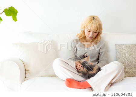 猫を抱っこする日本人女性 110604203