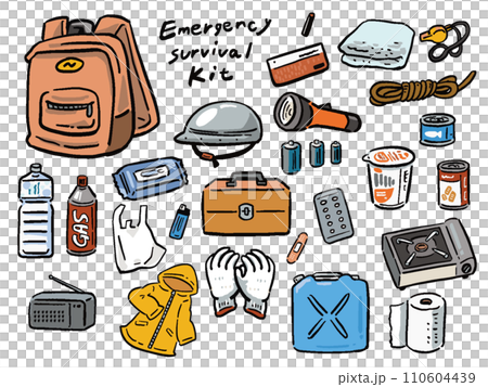 Disaster prevention goods hand-drawn style illustration set 110604439