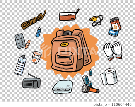 Disaster prevention goods, mainly backpacks, hand-drawn style illustrations Disaster prevention goods, mainly backpacks, hand-drawn style illustrations 110604446