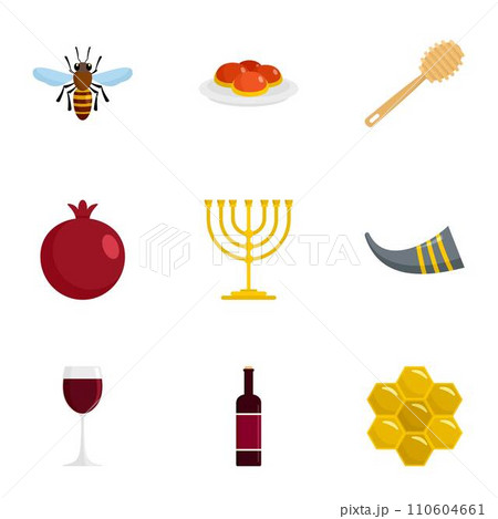 Jewish holiday icon set. Flat set of 9 jewish holiday vector icons for web design 110604661