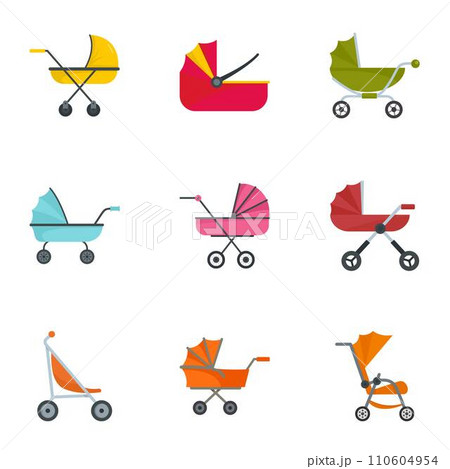 Baby pram icon set. Flat set of 9 baby pram vector icons for web design 110604954