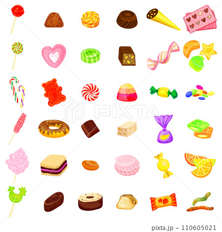 Candy icon set. Cartoon set of candy vector icons isolated on white background Candy icon set. Cartoon set of candy vector icons isolated on white background 110605021