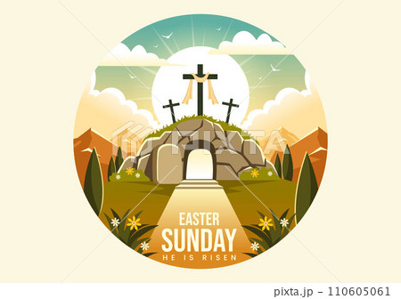Happy Easter Sunday Vector Illustration of Jesus, He is Risen and Celebration of Resurrection with Cave and the Cross in Flat Cartoon Background 110605061