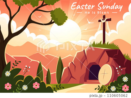 Happy Easter Sunday Vector Illustration of Jesus, He is Risen and Celebration of Resurrection with Cave and the Cross in Flat Cartoon Background 110605062