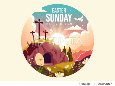 Happy Easter Sunday Vector Illustration of Jesus, He is Risen and Celebration of Resurrection with Cave and the Cross in Flat Cartoon Background Happy Easter Sunday Vector Illustration of Jesus, He is Risen and Celebration of Resurrection with Cave and the Cross in Flat Cartoon Background 110605067