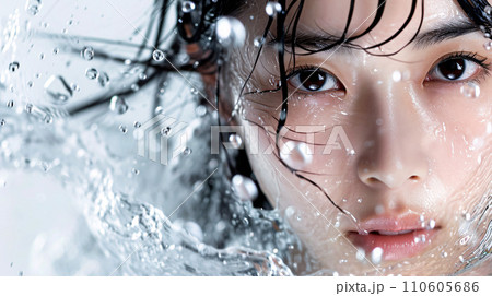 水の恵みで輝くクリアな美肌のアジア系女性 110605686