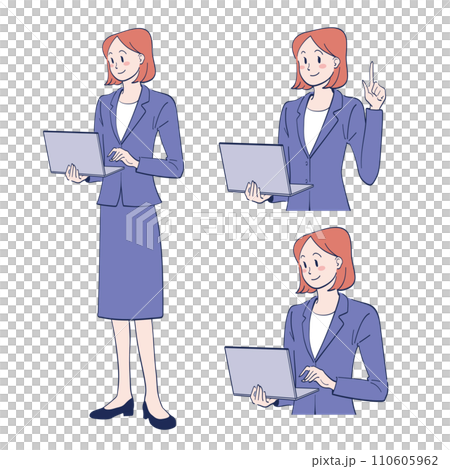 Illustration of a woman in a suit operating a laptop 110605962