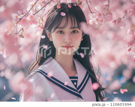 春風に舞う桜と女子学生 春風に舞う桜と女子学生 110605994