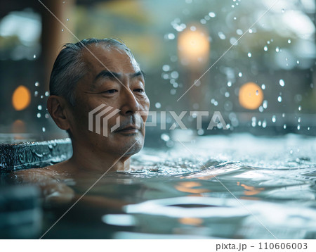 温泉に入るアジア系シニア 110606003