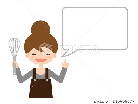 吹き出し付きお団子頭の料理している女性 110606077