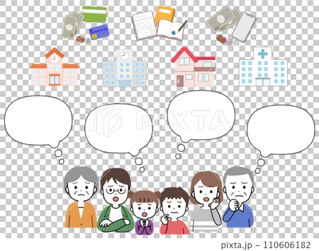 Speech bubble illustration icon set of a three-generation family thinking about life plans, money, and retirement assets 110606182