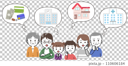 Speech bubble illustration of a three-generation family thinking about life plans, money, and retirement assets Speech bubble illustration of a three-generation family thinking about life plans, money, and retirement assets 110606184