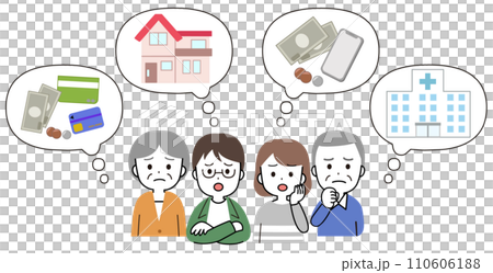 夫妻、男性和女性以及老年人思考人生計劃和退休資產的語音氣泡插圖 110606188