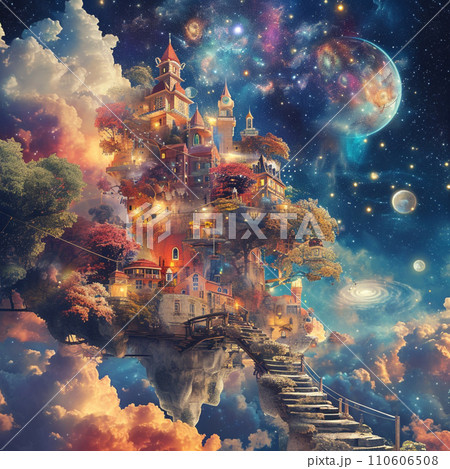 【AI生成画像・AIイラスト】神秘の夜、宇宙と空飛ぶ街 【AI生成画像・AIイラスト】神秘の夜、宇宙と空飛ぶ街 110606508