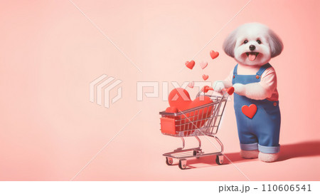 Cute funny dog holding a Shopping cart with heart inside. Valentines day concept 110606541