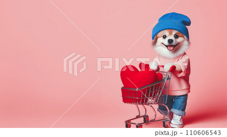 Cute funny dog holding a Shopping cart with heart inside. Valentines day concept 110606543