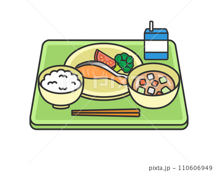 ご飯の日の、学校給食（線画カラー）のイラスト 110606949