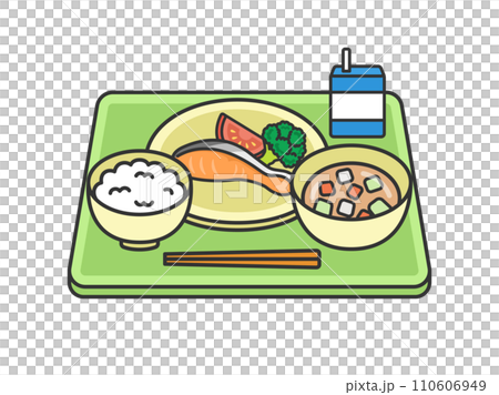 ご飯の日の、学校給食（線画カラー）のイラスト 110606949