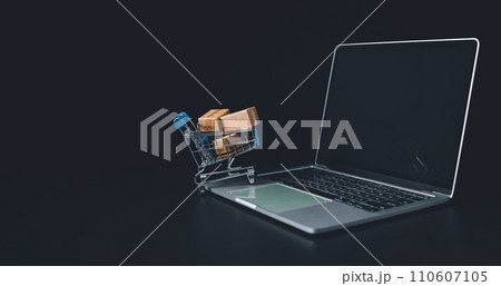 Boxes in a shopping car on a laptop keyboard. Ideas about online shopping, online shopping is a form of electronic commerce that allows consumers to directly buy goods from seller over the internet. 110607105