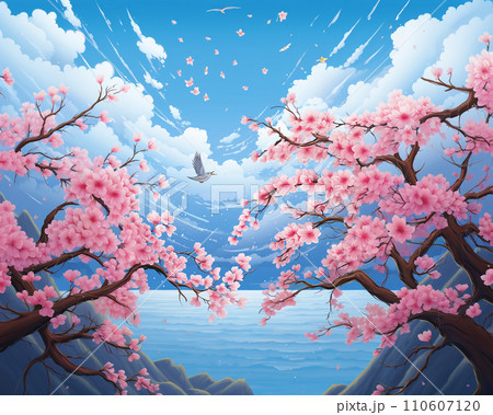 日本画風の桜と海のイラストのイラスト素材 [110607120] - PIXTA