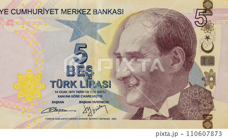 Turkish national currency 5 Lira banknote front view Turkish national currency 5 Lira banknote front view 110607873