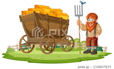 Happy Farmer with Hay Cart Illustration 110607925