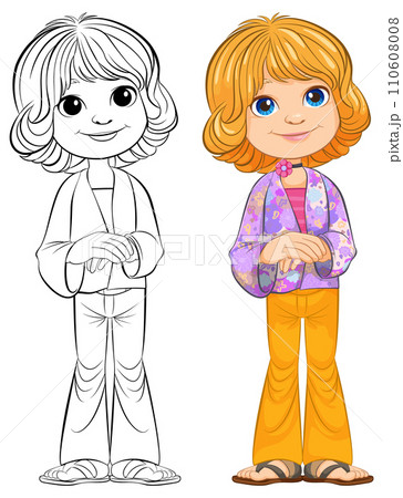 Cheerful Cartoon Girl Before and After Coloring 110608008