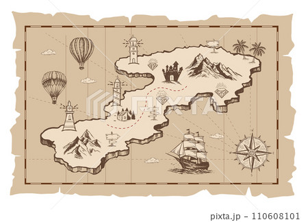 Vector sketch of an old pirate treasure map. Hand-drawn illustrations, vector.	 110608101