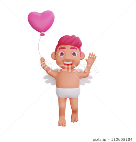 3D illustration of Valentine Cupid character Joyful with Heart Balloon 110608184
