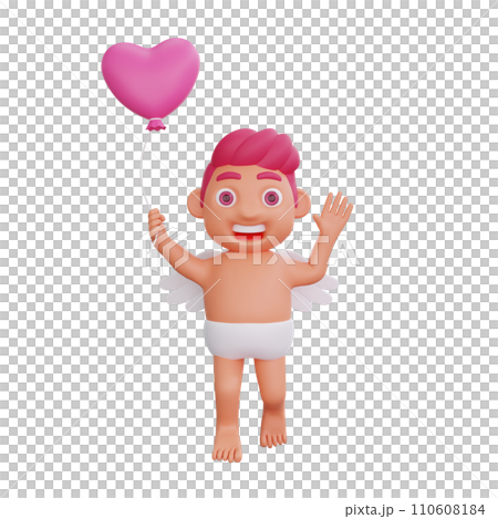 3D illustration of Valentine Cupid character Joyful with Heart Balloon 110608184