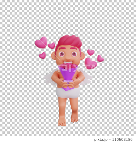 3D illustration of Valentine Cupid character holding a bouquet of roses 110608186