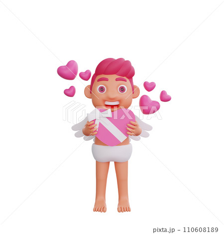 3D illustration of Valentine Cupid character holding a heart-shaped chocolate box 3D illustration of Valentine Cupid character holding a heart-shaped chocolate box 110608189