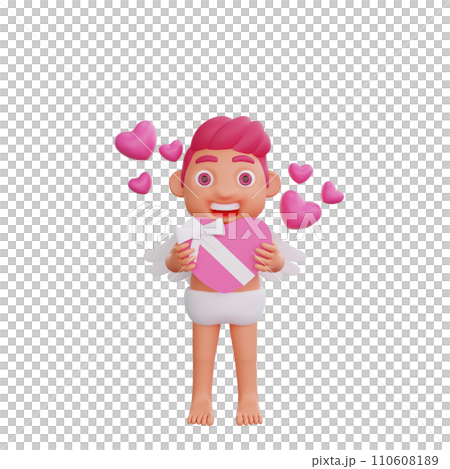 3D illustration of Valentine Cupid character holding a heart-shaped chocolate box 3D illustration of Valentine Cupid character holding a heart-shaped chocolate box 110608189