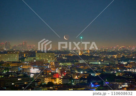 夏の深夜2時に昇る東京都狛江市、川崎市多摩区方面に見るスカイツリーと下弦の三日月 110608632
