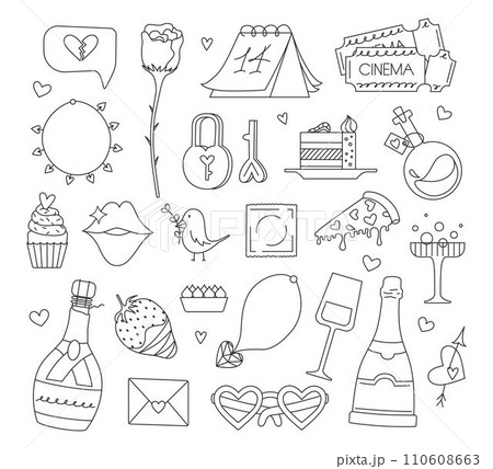 Happy Valentine's Day vector illustration in doodle style. Set of cute hand drawn elements about love. 110608663