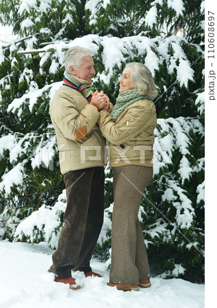 Happy senior couple at snowy winter park. 110608697