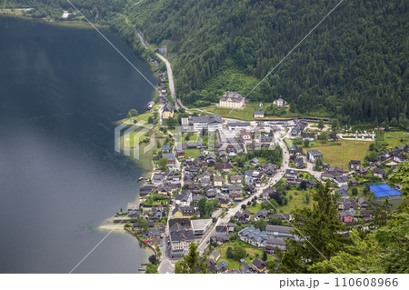 View of the city of Hallstatt and Lake Hallstattersee from a mountain in Austria View of the city of Hallstatt and Lake Hallstattersee from a mountain in Austria 110608966