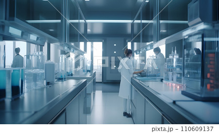 AI-generated content. Two scientists in protective labcoats working in bio laboratory, neural network generated image AI-generated content. Two scientists in protective labcoats working in bio laboratory, neural network generated image 110609137