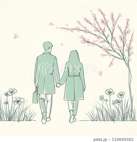 桜が咲く公園で散歩するカップル 桜が咲く公園で散歩するカップル 110609362