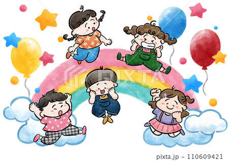 元気にジャンプする子供とカラフルな虹の手描きイラスト素材 110609421